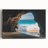 Stretched canvas artwork depicting a vibrant, abstract landscape with cave-like formations in earthy tones, ideal for modern home decor and art enthusiasts.