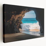 Colorful stretched canvas artwork depicting a serene landscape with caves and natural formations, ideal for enhancing home decor. Perfect for art enthusiasts and nature lovers.