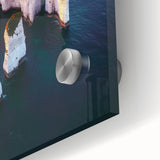 Close-up of a vibrant acrylic landscape artwork depicting rugged cliffs against a serene sky, showcasing intricate details and rich colors, perfect for home decor.