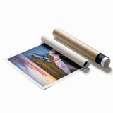 Stunning landscape print showcasing majestic cliffs with vibrant colors, rolled for easy shipping and display, perfect for enhancing modern home decor.