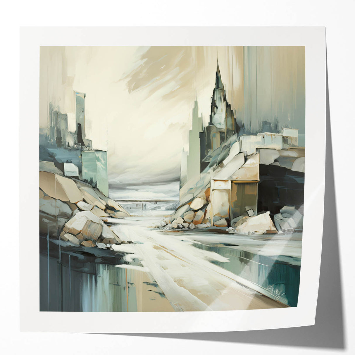 Abstract architecture wall art print featuring geometric shapes and vibrant colors, displayed in a glossy mockup setting to enhance visual appeal and modern decor style.