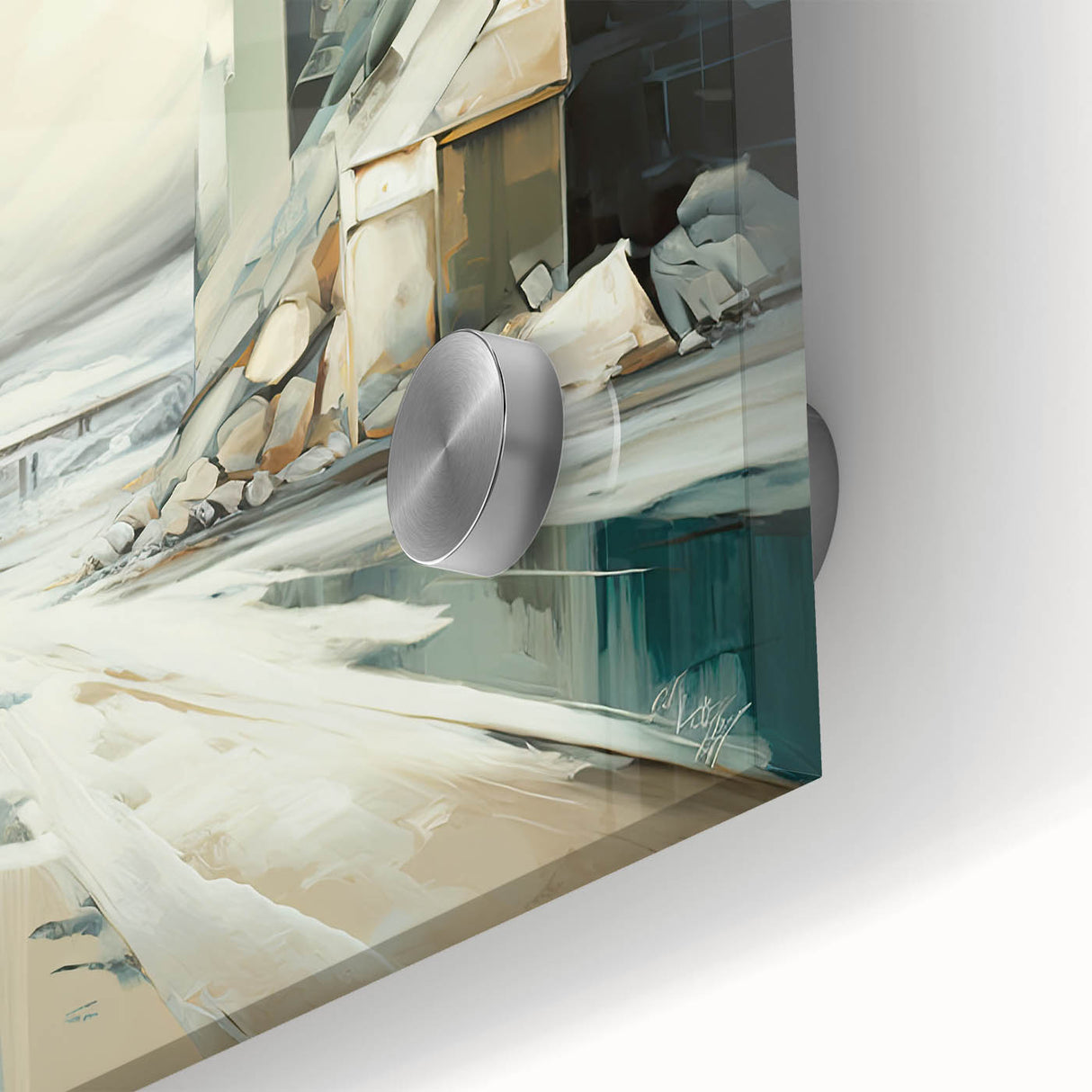 Close-up view of abstract architecture wall art design printed on acrylic glass, showcasing geometric patterns in bold colors and a sleek modern aesthetic, ideal for contemporary decor.
