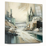 Abstract architectural wall art displayed in a side view, showcasing acrylic glass with visible mounting pins, perfect for modern interior decor. The design features geometric patterns in a blend of vibrant colors, adding a contemporary touch to any space.