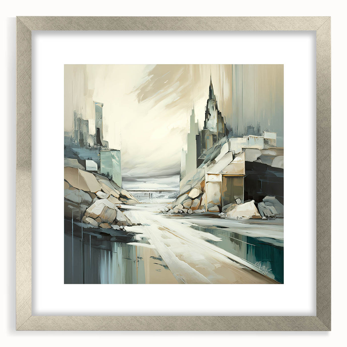 Abstract architecture wall art framed in silver with a mat, showcasing intricate geometric designs and a modern aesthetic, perfect for contemporary decor.