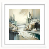 Abstract architectural wall art framed in white with a mat, showcasing a modern design that complements contemporary decor. Ideal for enhancing living space aesthetics.