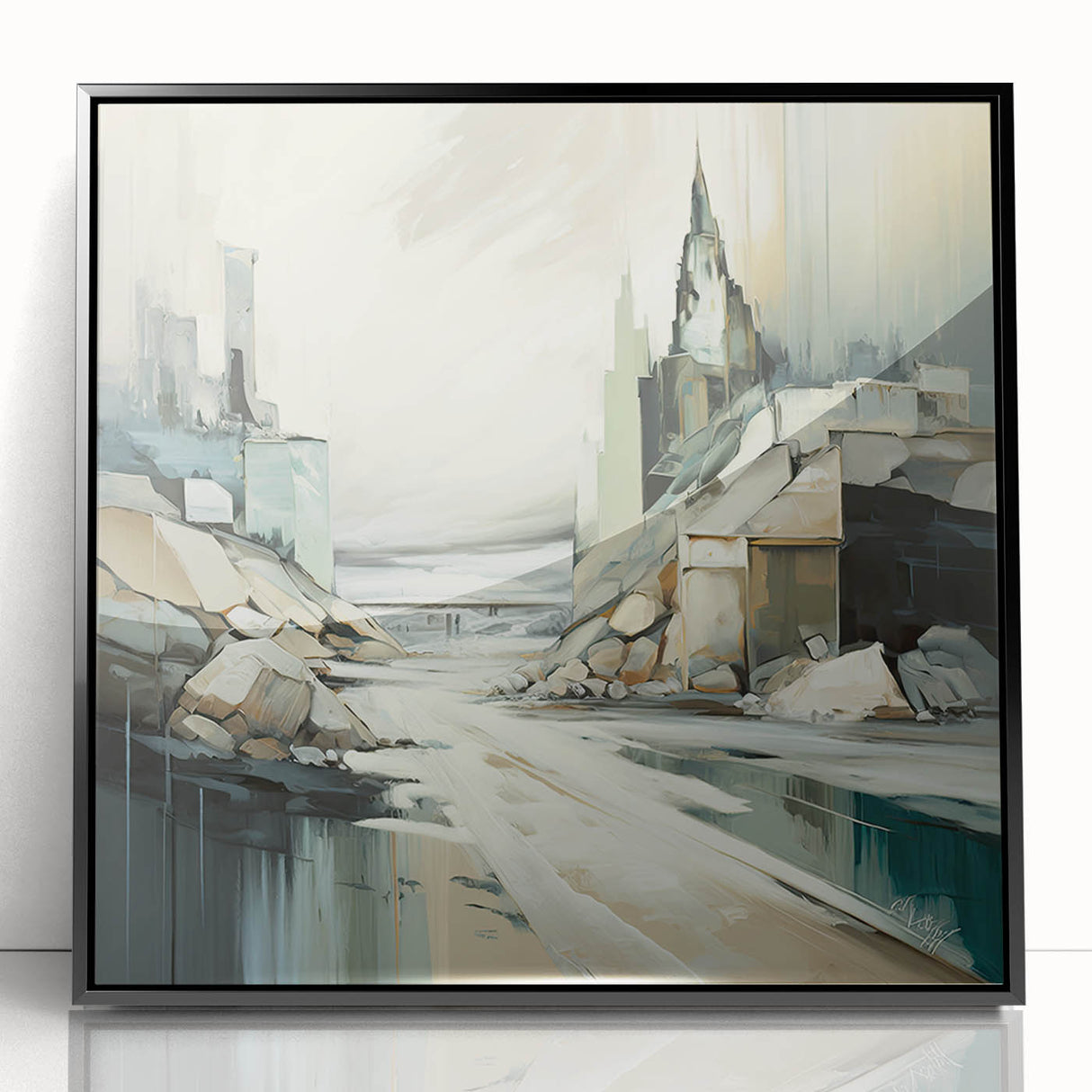 Framed abstract architecture wall art in black acrylic, showcasing geometric shapes and lines, perfect for modern home decor. Ideal for adding a contemporary touch to living spaces.