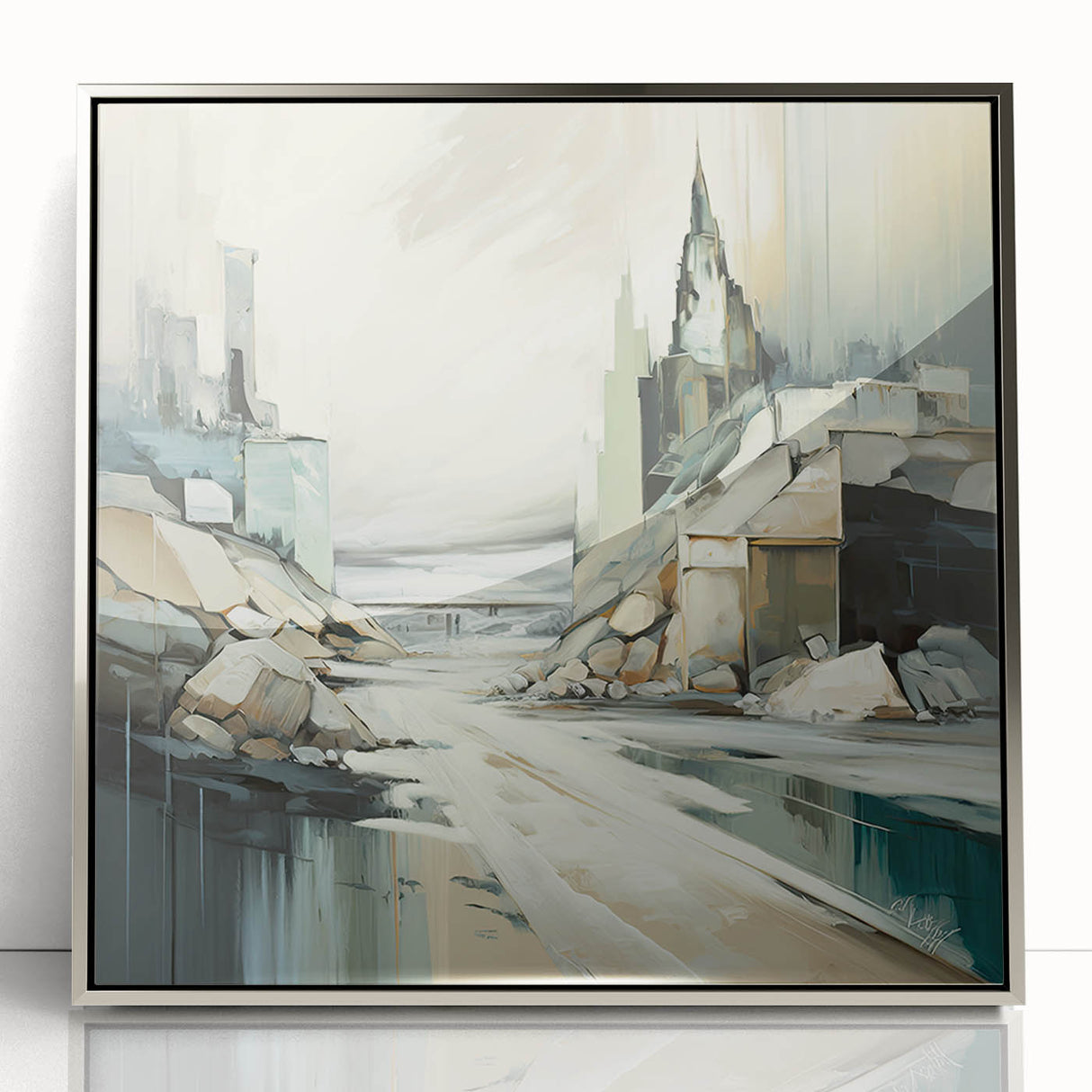 Framed abstract architecture wall art in silver acrylic, showcasing geometric patterns and modern design elements, ideal for contemporary home decor.