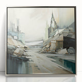 Framed abstract architecture wall art in silver acrylic, showcasing geometric patterns and modern design elements, ideal for contemporary home decor.