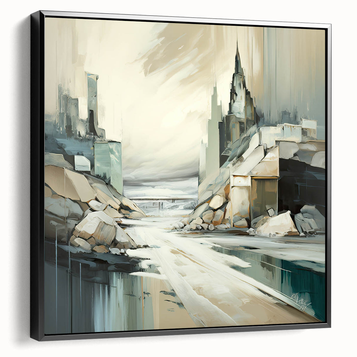 Framed abstract architecture wall art in black, showcasing geometric shapes and modern design. Ideal for contemporary home decor, enhancing any space.