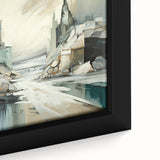 Close-up of abstract architectural wall art on framed canvas, showcasing geometric shapes and soft color gradients in a modern design, ideal for contemporary decor.