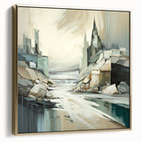 Abstract wall art showcasing a striking architectural design in silver and gold tones, framed on a sleek canvas, perfect for modern home decor.