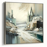 Framed canvas wall art showcasing an abstract architectural design in silver tones, highlighting modern aesthetics and sophisticated decor for contemporary interiors.