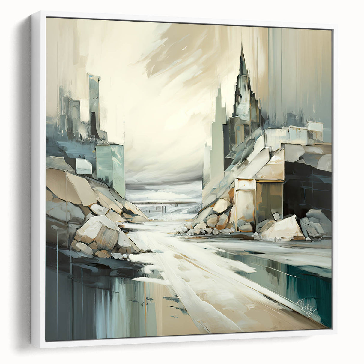 Framed abstract architecture wall art in white tones, showcasing geometric patterns and modern design, perfect for contemporary home decor.