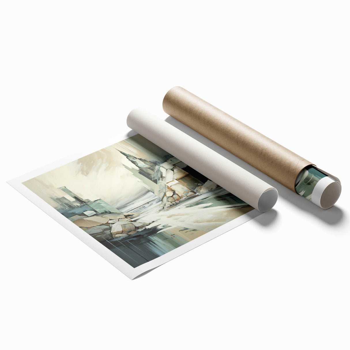 Abstract architectural wall art print showcasing a dynamic interplay of geometric shapes in muted colors, rolled and ready for framing, perfect for modern decor.