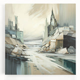 Abstract architectural wall art on stretched canvas showcasing geometric shapes in shades of blue and gray, perfect for modern home decor.