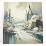 Abstract architectural wall art on stretched canvas, featuring bold geometric shapes in muted tones of gray and blue, leaning against a textured wall. This modern design adds a contemporary touch to any space, perfect for home or office decor.