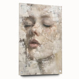 Abstract figurative wall art piece displayed in a modern setting, featuring vibrant colors and intricate details, mounted on acrylic glass with decorative pins.