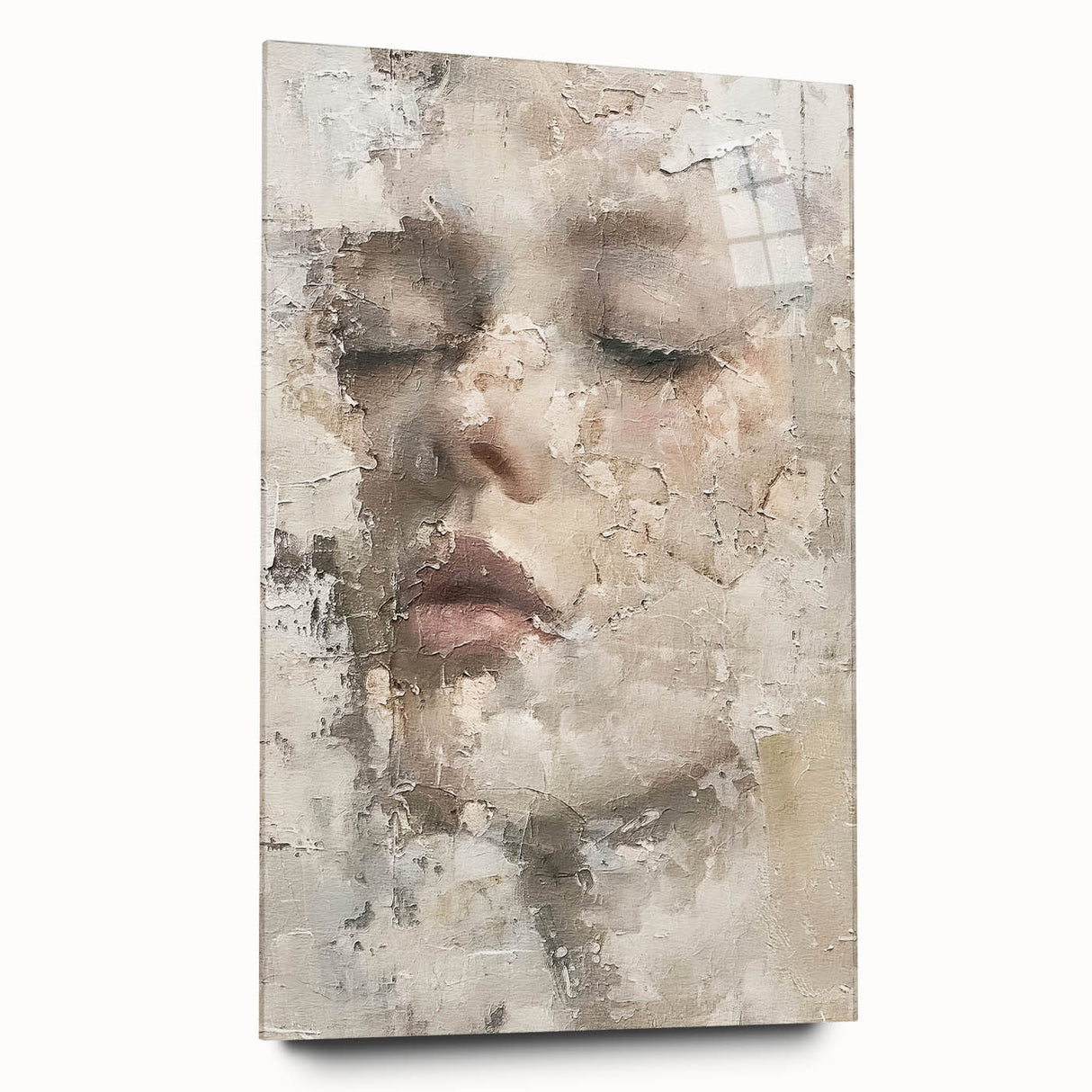 Abstract figurative wall art displayed in a sleek acrylic glass frame, showcasing vibrant colors and dynamic shapes, perfect for modern home decor.