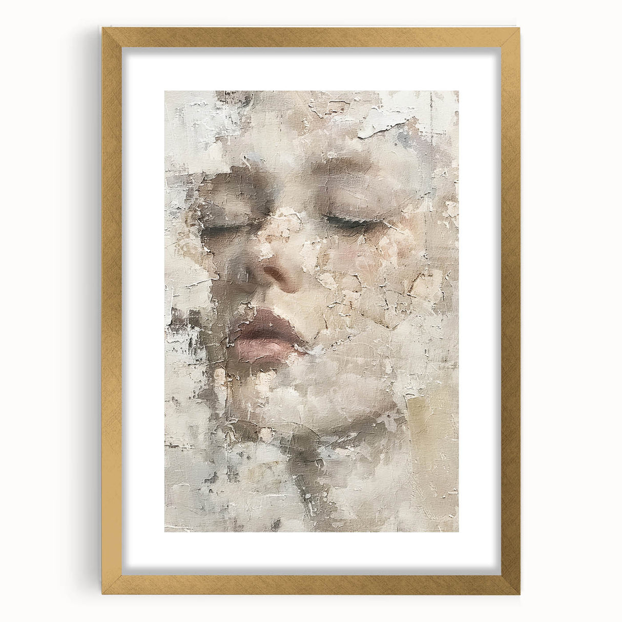 Abstract figurative wall art framed in gold with a matte finish, showcasing vibrant colors and dynamic shapes, perfect for modern home decor.