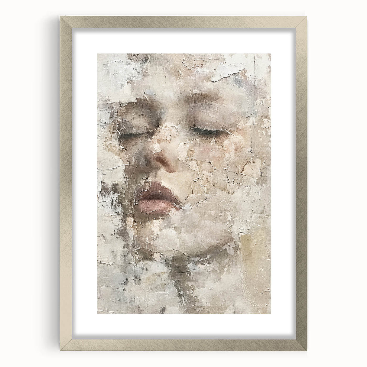 Abstract figurative wall art framed in silver with a mat, showcasing vibrant colors and dynamic shapes, perfect for modern home decor.