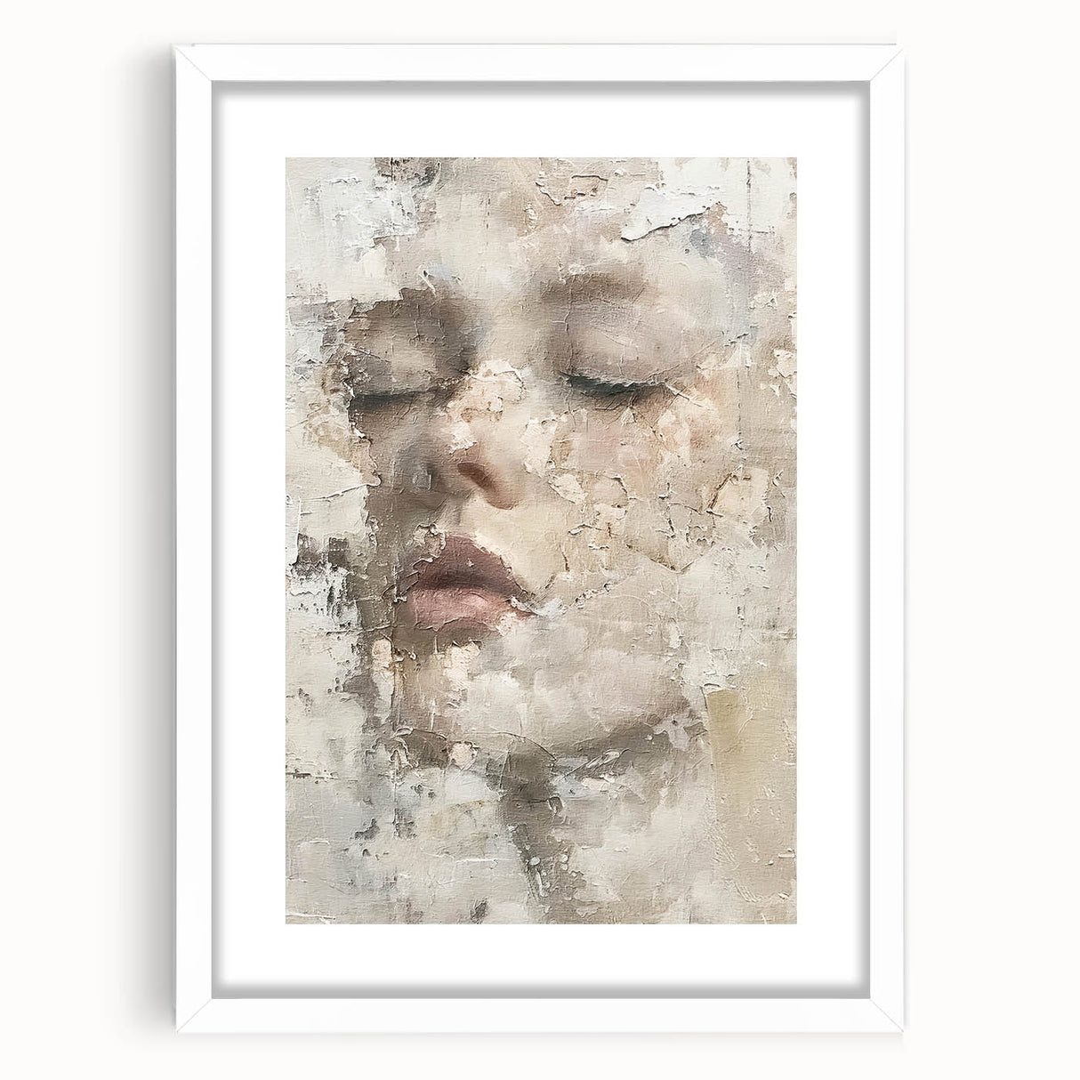 Abstract figurative wall art in a white frame with a mat, showcasing vibrant colors and dynamic shapes, ideal for modern home decor.