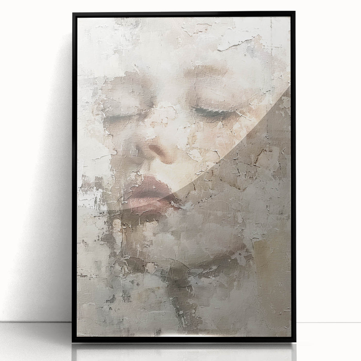Framed abstract figurative wall art with a sleek black frame and acrylic finish, showcasing vibrant colors and dynamic shapes, perfect for modern decor.