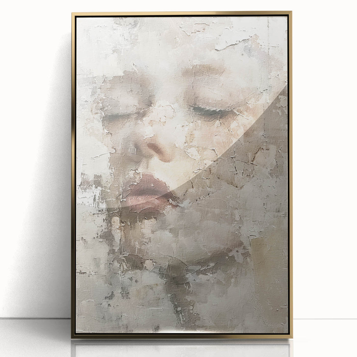 Framed abstract figurative wall art in gold tones, showcasing modern design elements and elegant acrylic finish, perfect for contemporary home decor.