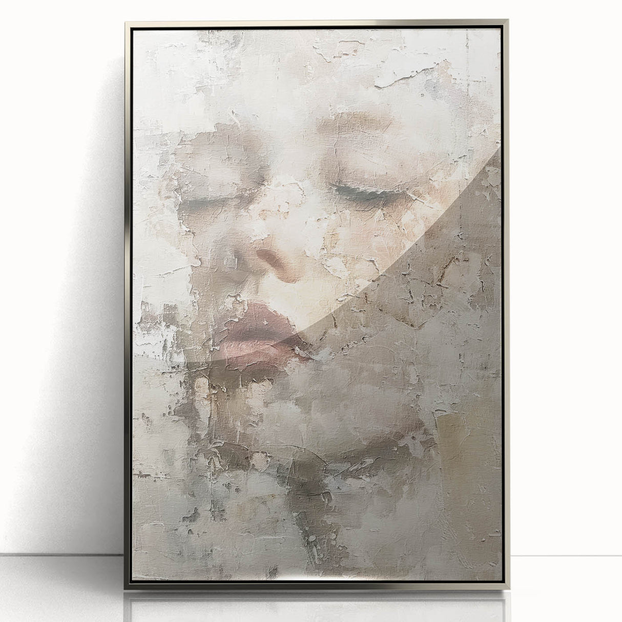 Framed abstract figurative wall art featuring silver accents and a modern design, showcasing a captivating blend of shapes and colors, perfect for contemporary decor.