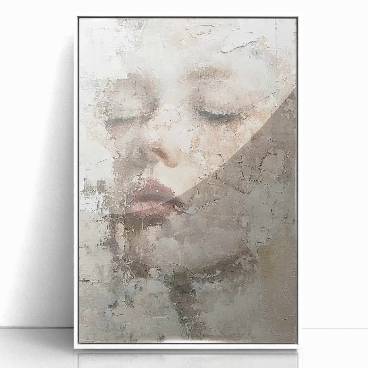 Framed abstract figurative wall art with a white border, showcasing vibrant colors and dynamic shapes, perfect for modern home decor. Ideal for art enthusiasts.