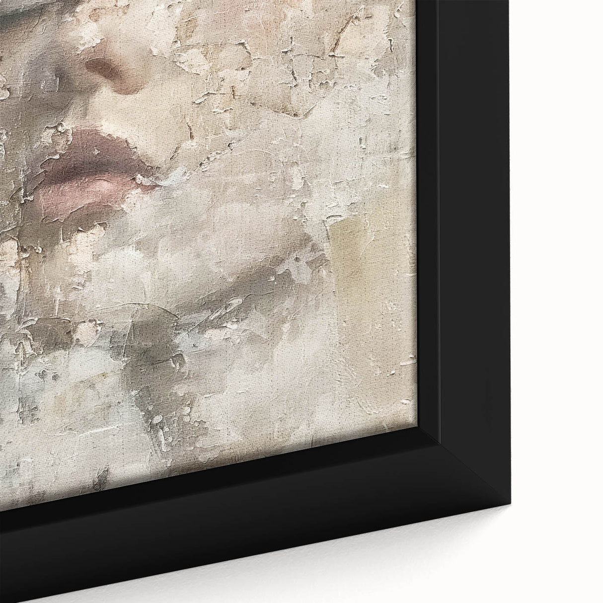 Close-up of an abstract figurative wall art piece, showcasing vibrant colors and intricate details in a framed canvas design, perfect for modern home decor.