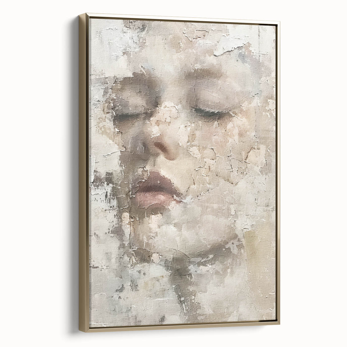 Framed abstract figurative wall art featuring gold accents on a textured canvas, displayed from a side view. Ideal for modern decor in living spaces.