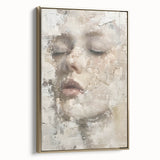 Framed abstract figurative wall art featuring gold accents on a textured canvas, displayed from a side view. Ideal for modern decor in living spaces.