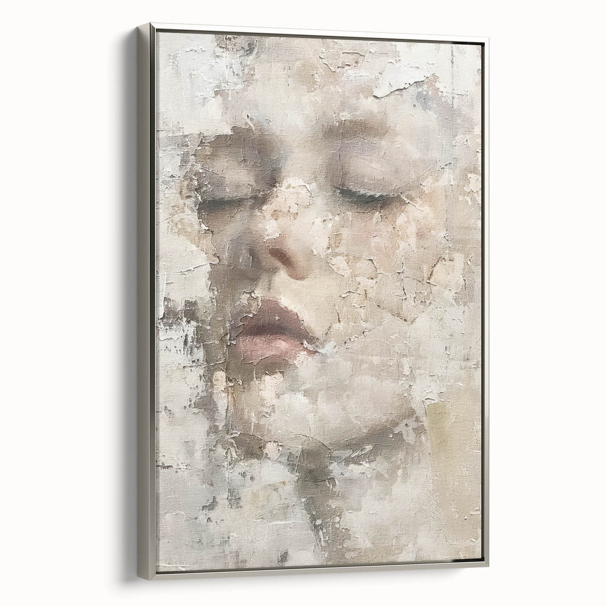 Abstract figurative wall art featuring a silver-framed canvas with vibrant colors and dynamic shapes, perfect for modern home decor and artistic expression.