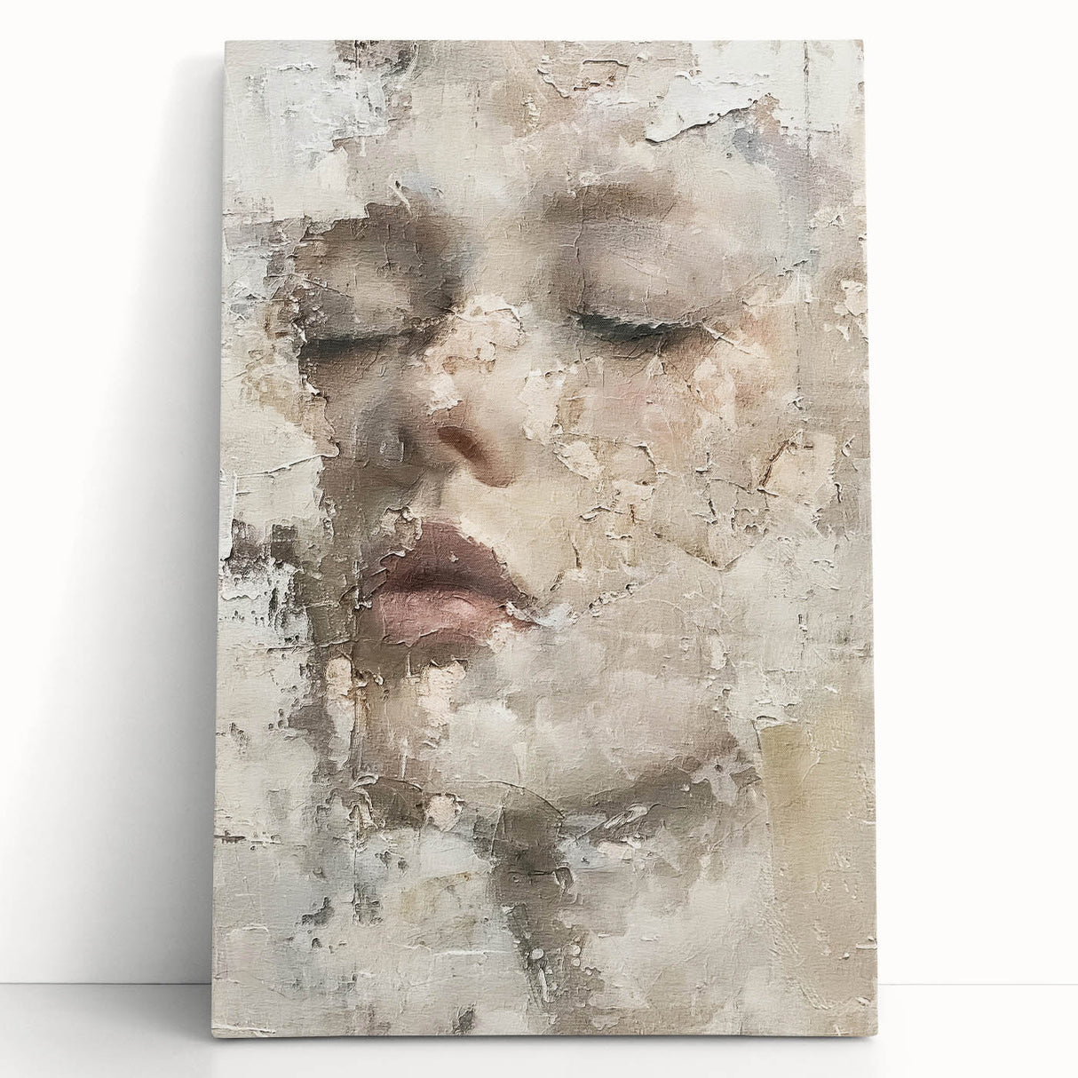 Abstract figurative wall art on stretched canvas, showcasing vibrant colors and dynamic shapes, leaning against a neutral-toned wall, perfect for modern decor.