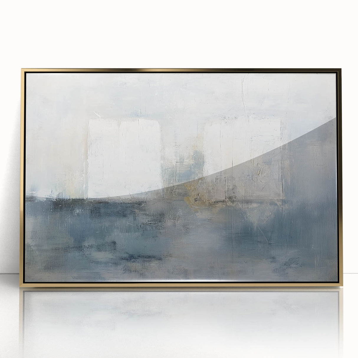 Framed acrylic wall art featuring an abstract geometric design in gold tones, ideal for modern decor. Adds elegance to any living space with its vibrant colors and unique shape.