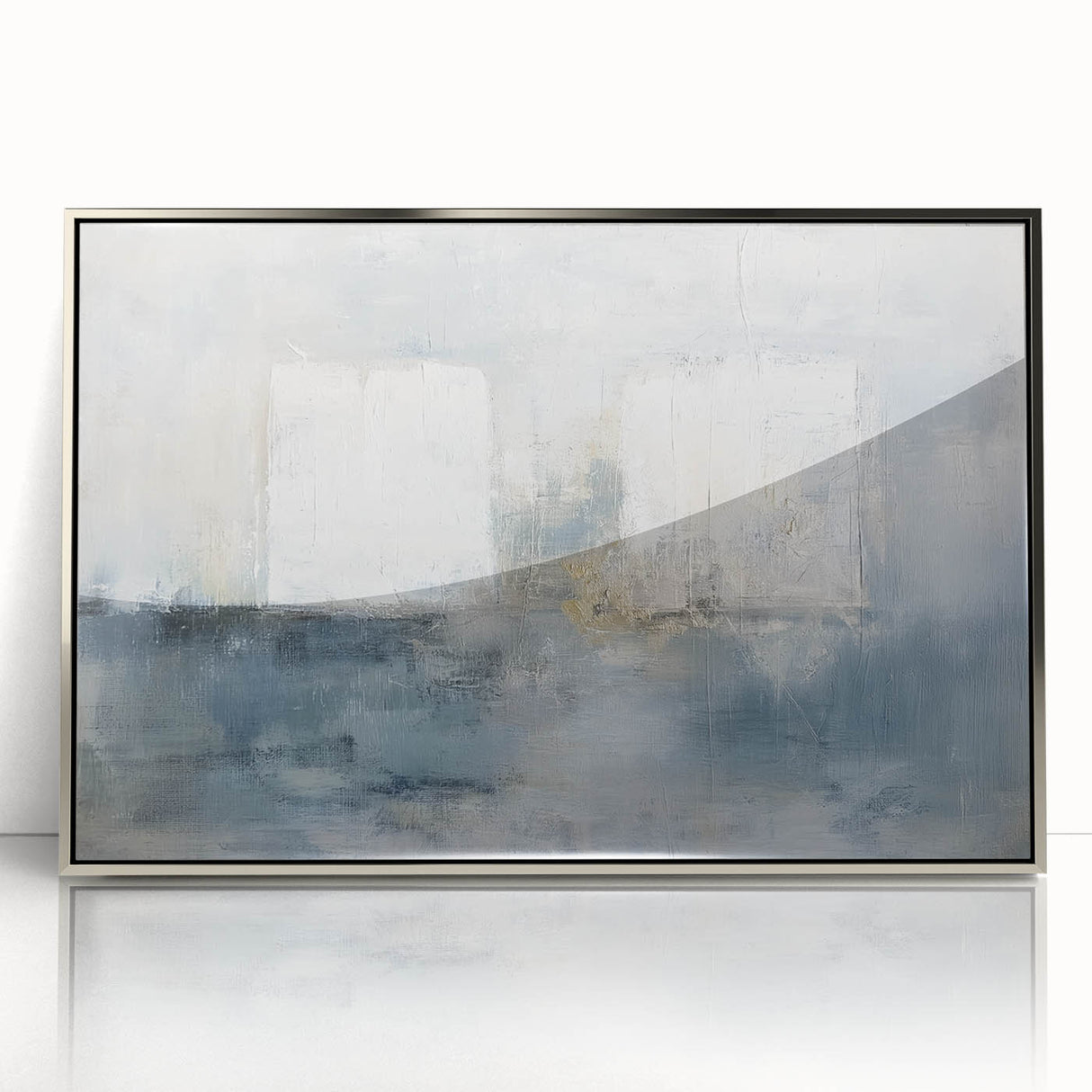 Framed geometric abstract art piece in silver tones, showcasing sharp lines and modern design, perfect for contemporary home decor and artistic expression.