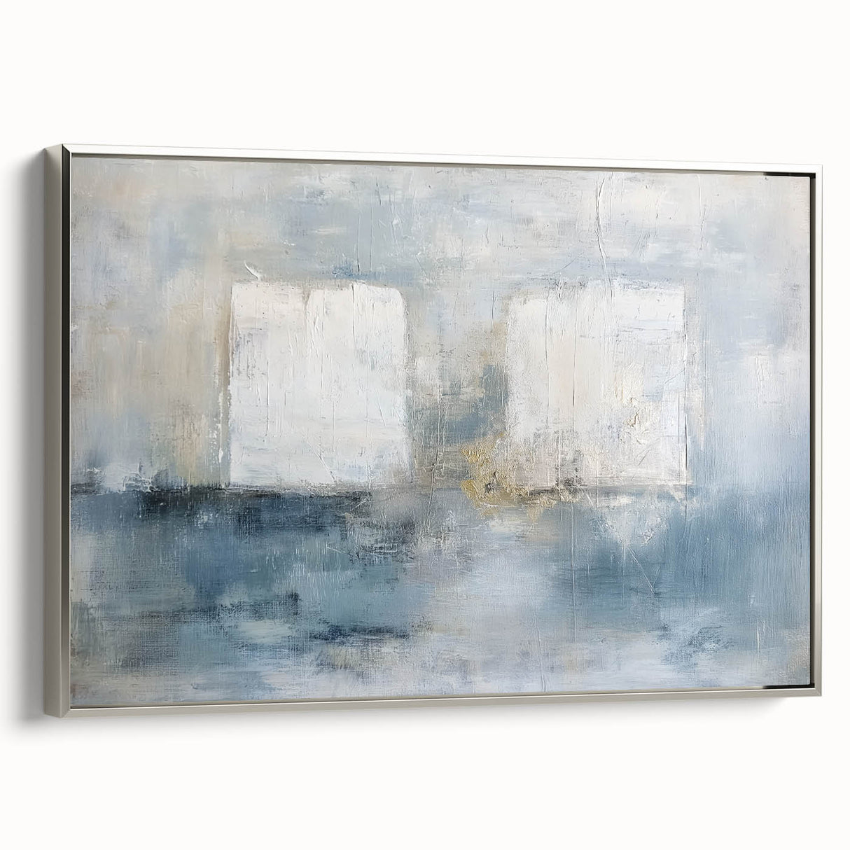 Framed geometric canvas artwork in silver tones, showcasing abstract shapes and lines, perfect for modern interior decor, displayed from a side view.