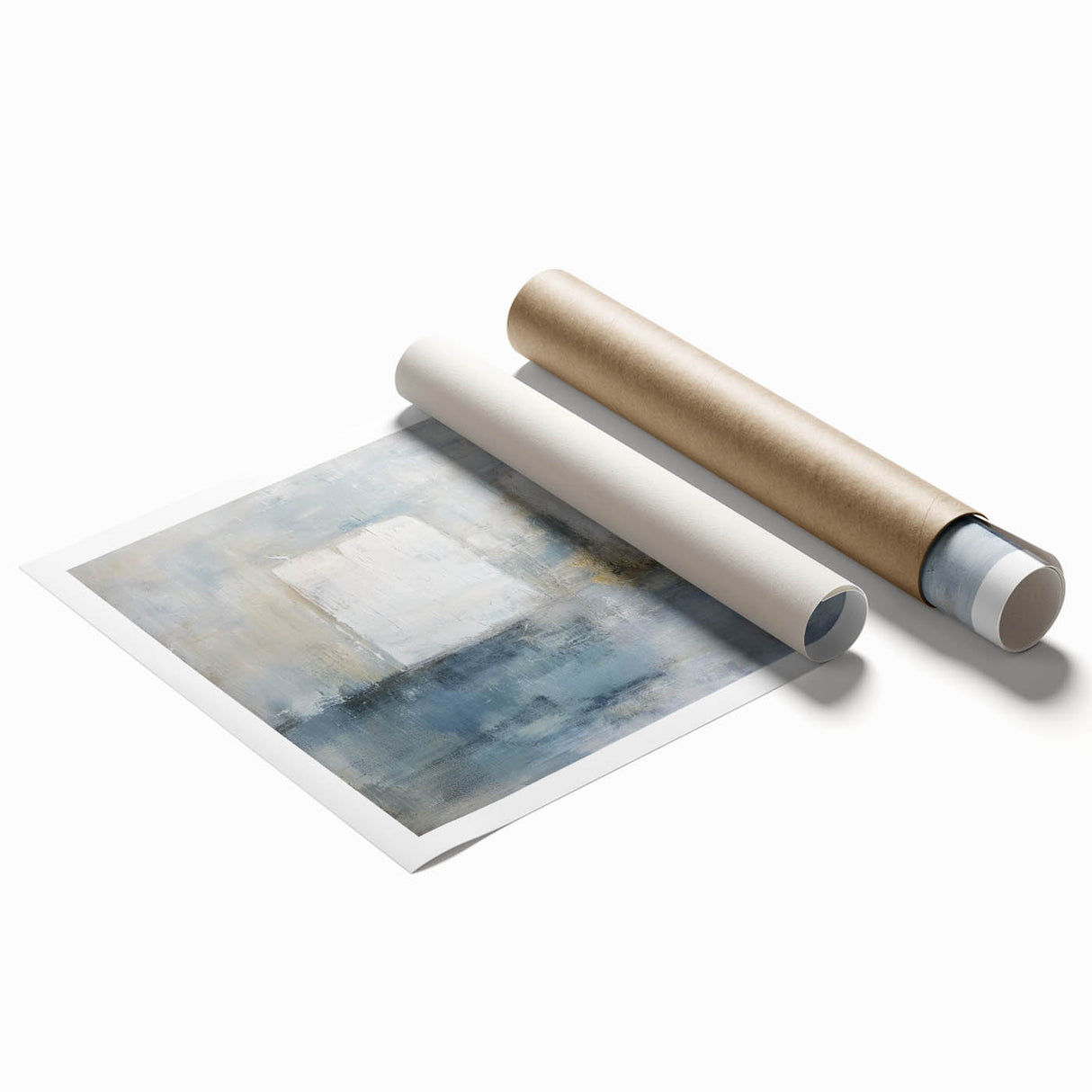 Abstract geometric rolled print showcasing a vibrant blend of blue, orange, and yellow shapes, ideal for modern home decor, packaged securely in a protective tube.