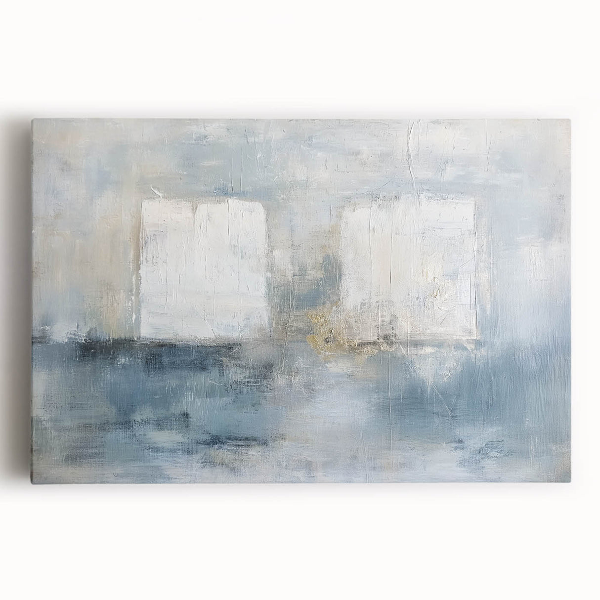 Abstract geometric stretched canvas artwork showcasing vibrant blue and orange shapes, perfect for modern home decor. Ideal for enhancing living spaces with a contemporary touch.