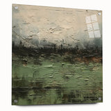 Abstract landscape wall art displayed in a side view, featuring vibrant colors and geometric shapes, mounted with pins on a sleek acrylic glass surface, enhancing modern decor.