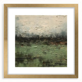 Abstract landscape wall art framed in gold with a white mat, showcasing vibrant earthy tones and fluid shapes, perfect for modern home decor.