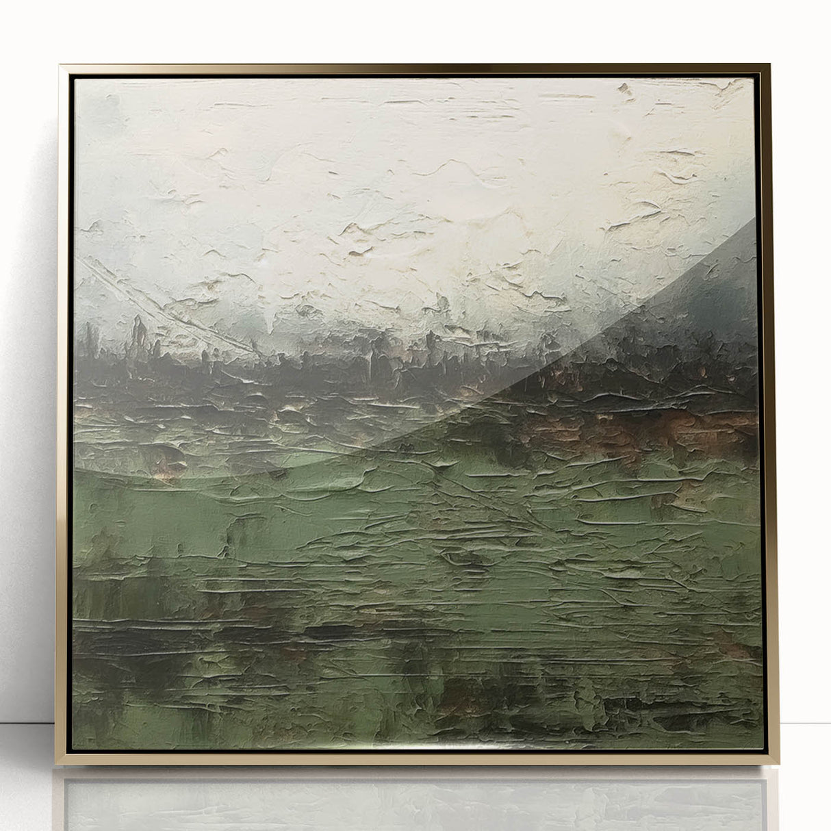 Framed abstract landscape wall art featuring gold accents, showcasing a harmonious blend of colors and textures, perfect for modern home decor.