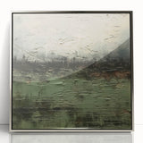 Framed abstract landscape wall art showcasing a silver acrylic finish, featuring vibrant colors and intricate details, perfect for modern home decor.