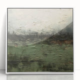 Framed acrylic wall art depicting an abstract landscape with vibrant colors, placed against a white backdrop, ideal for modern home decor.