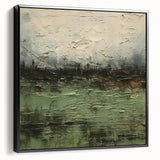 Framed black canvas wall art depicting an abstract landscape design, showcasing vibrant colors and dynamic shapes, perfect for modern interior decor.