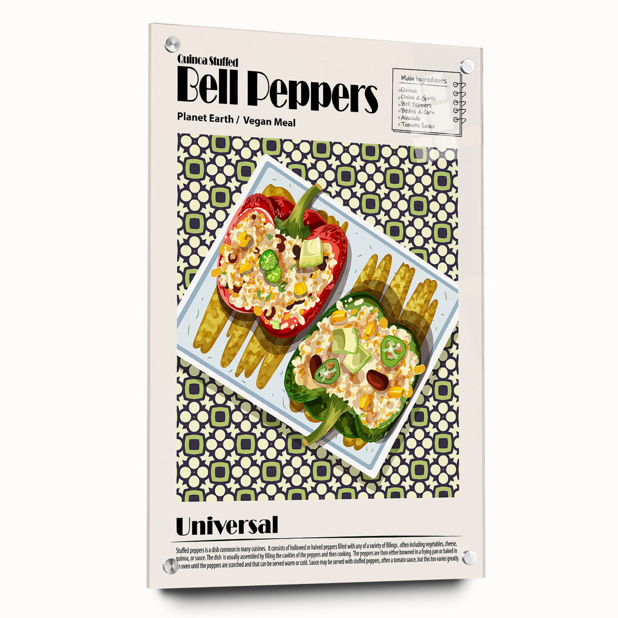 Acrylic print of various food dishes in vibrant colors, suitable for dining room decor.
