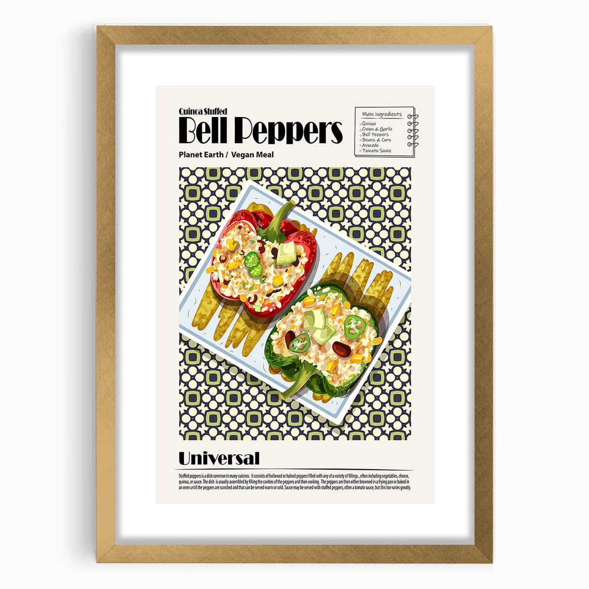 Extra large abstract art print featuring textured food dishes in muted earth tones, framed with a gold mat.