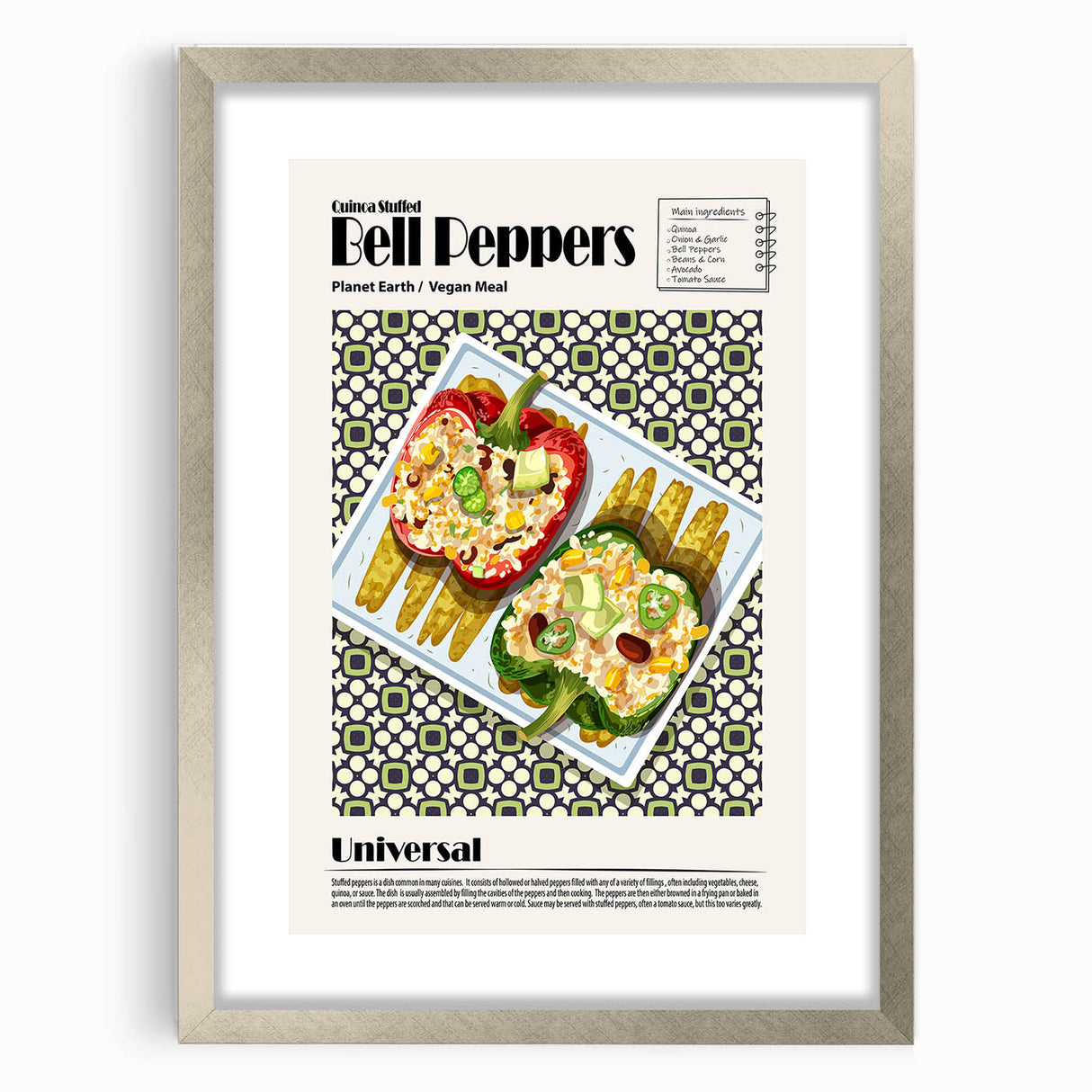 Textured art of abstract food dishes in muted earth tones, framed with a silver mat, suitable for bedroom decor.