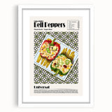 Abstract art prints featuring assorted food dishes in vibrant colors on a white framed poster with mat.