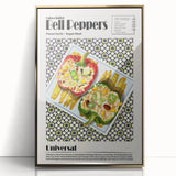 Large art print of various food dishes in gold frames, acrylic, mid-century modernist style.